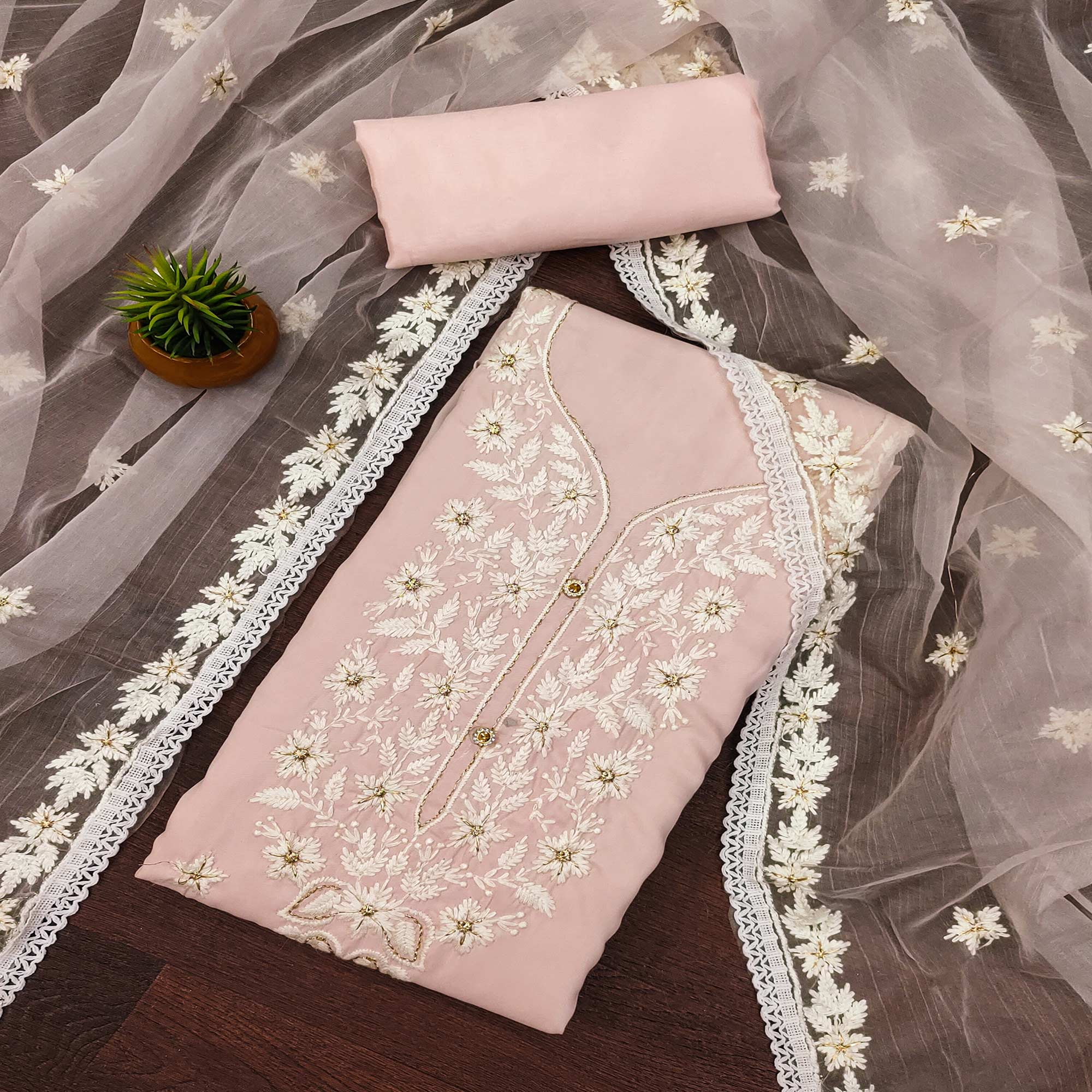 Peach Floral Embroidered Cotton Blend Dress Material