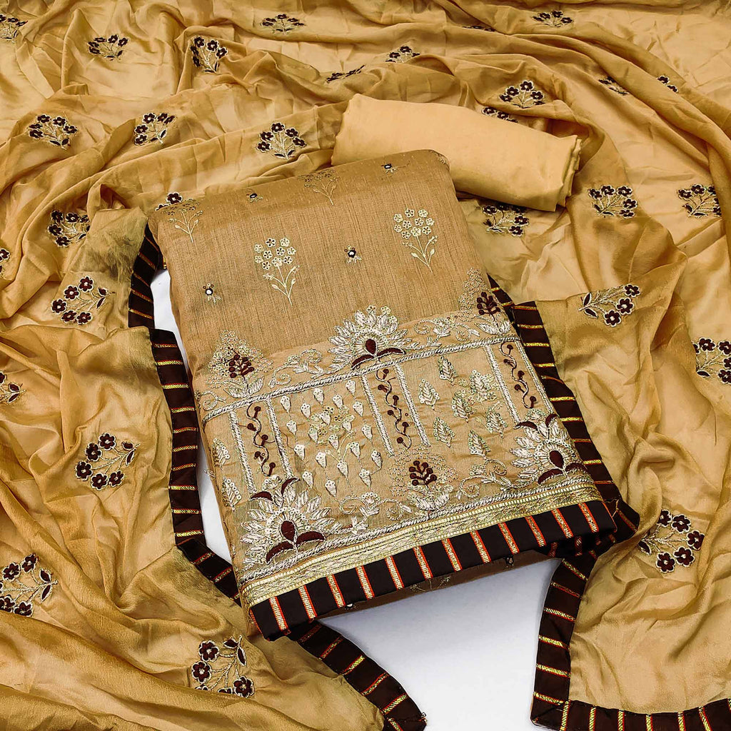 Chikoo Floral Printed With Embroidery Modal Dress Material