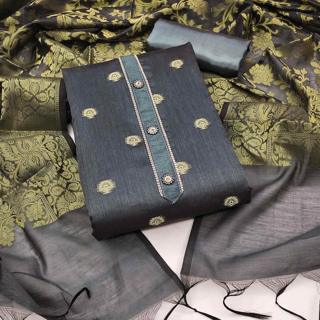 Grey Floral Woven Banarasi Silk Dress Material
