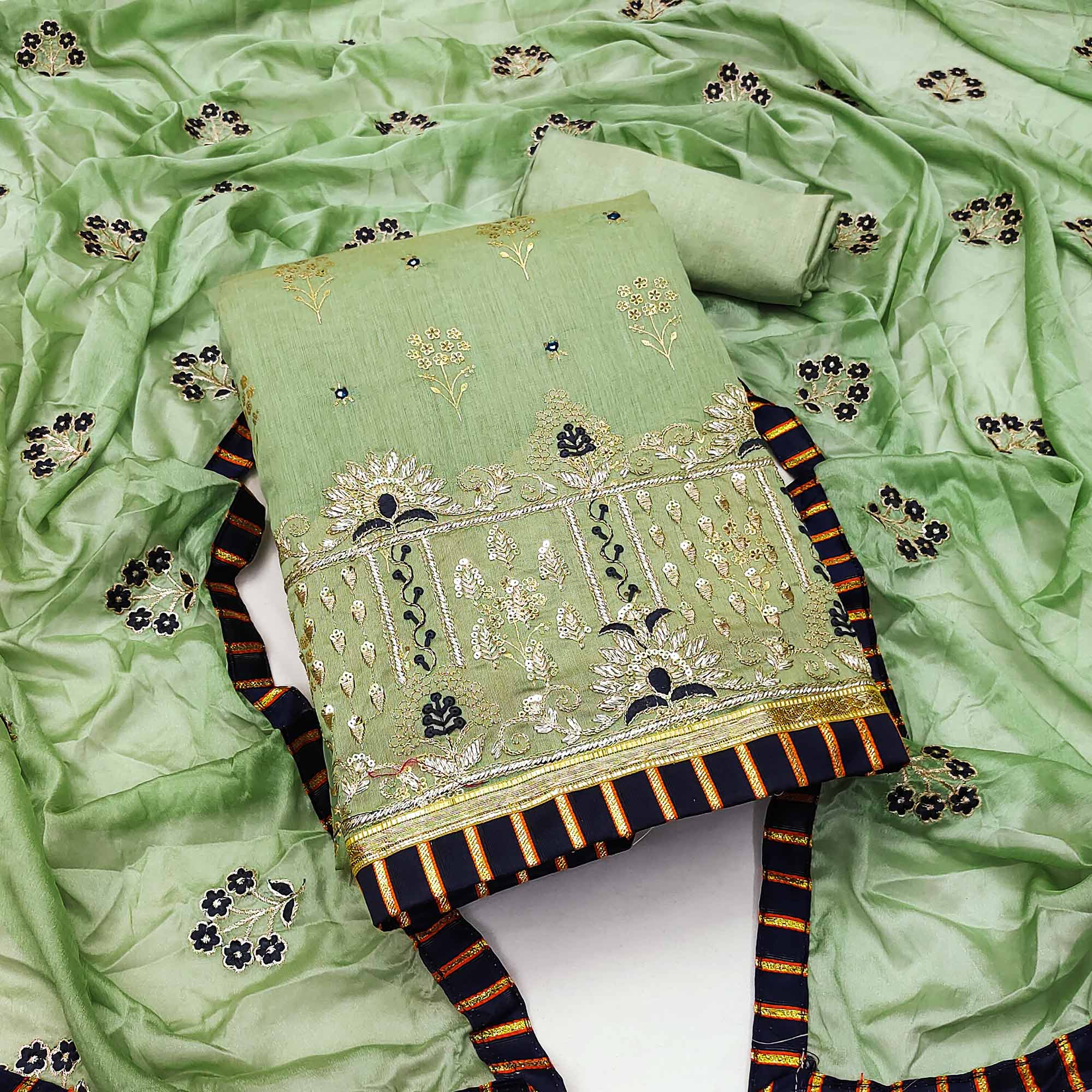 Green Floral Printed With Embroidery Modal Dress Material