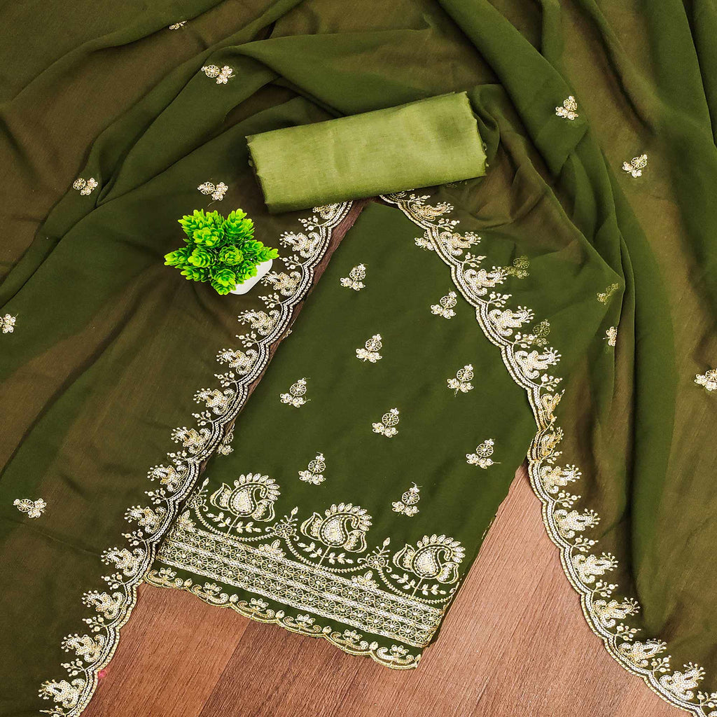 Green Georgette Dress Material with Sparkling Sequin Embroidery