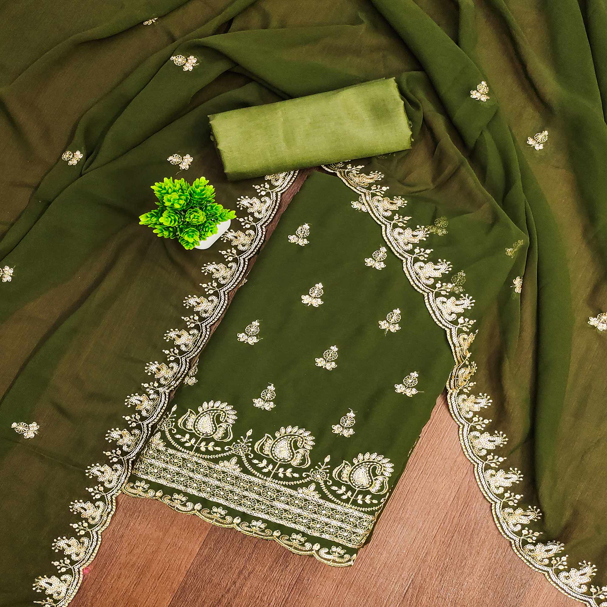 Green Georgette Dress Material with Sparkling Sequin Embroidery