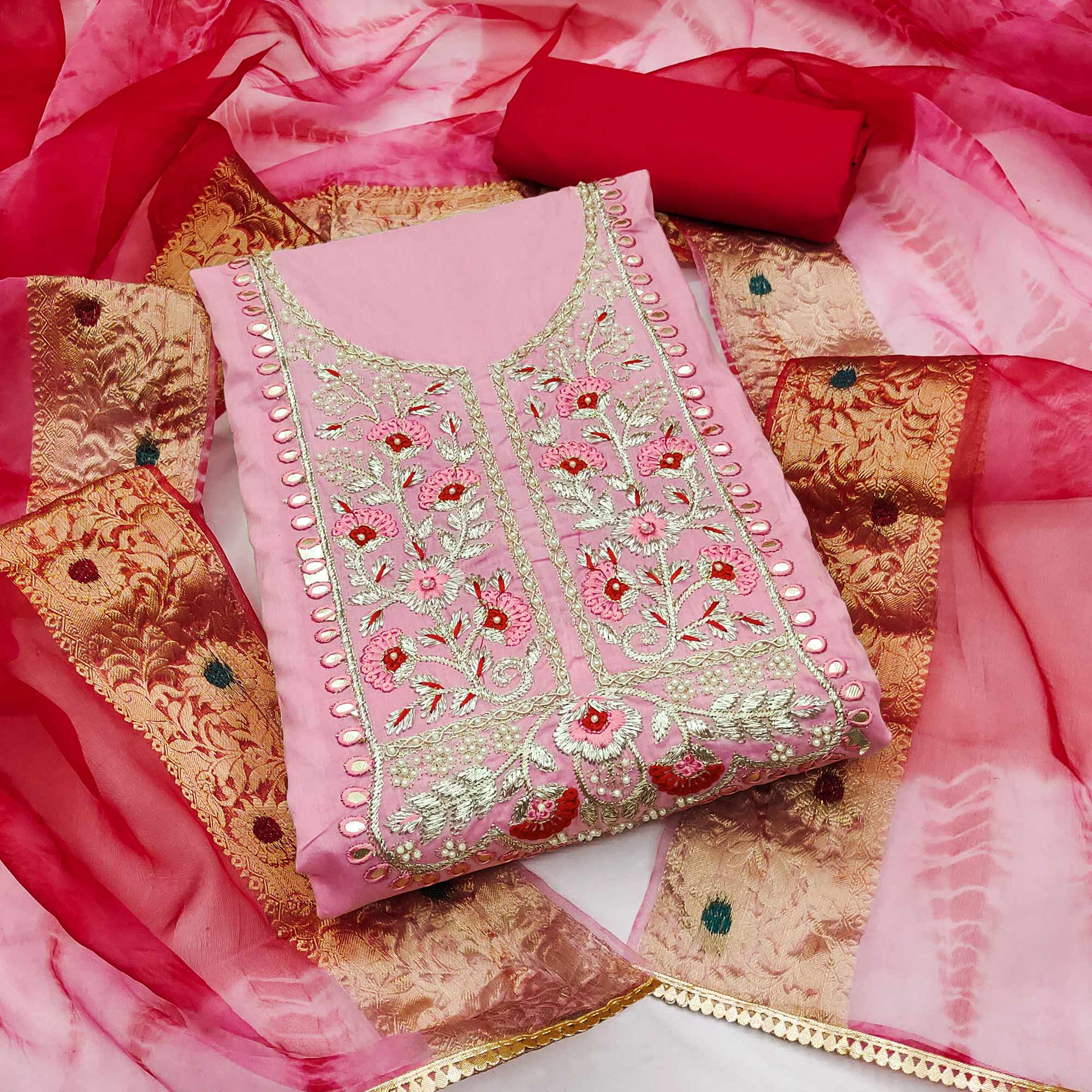 Pink Floral Embroidered Pure Cotton Dress Material