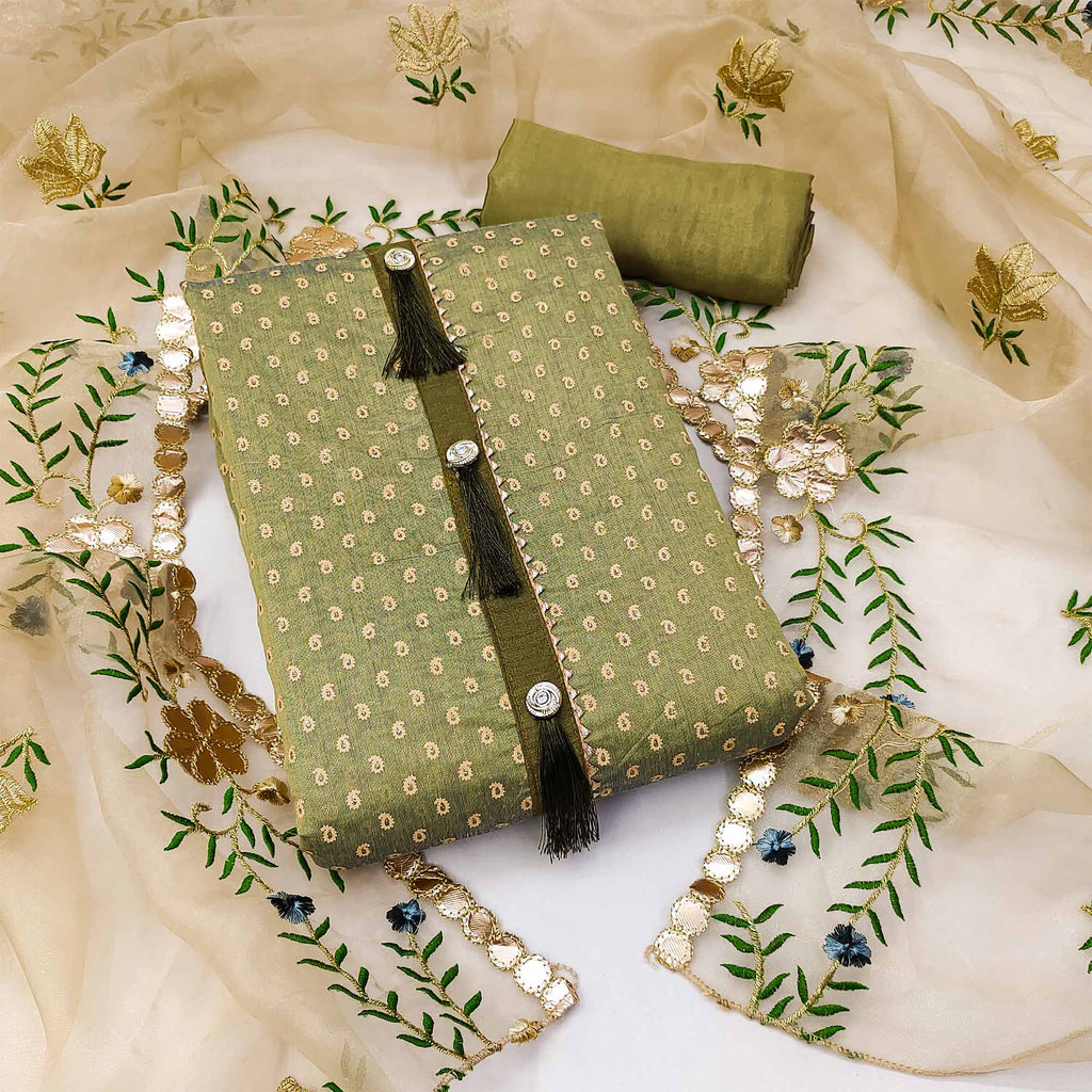 Green Printed Chanderi Dress Material
