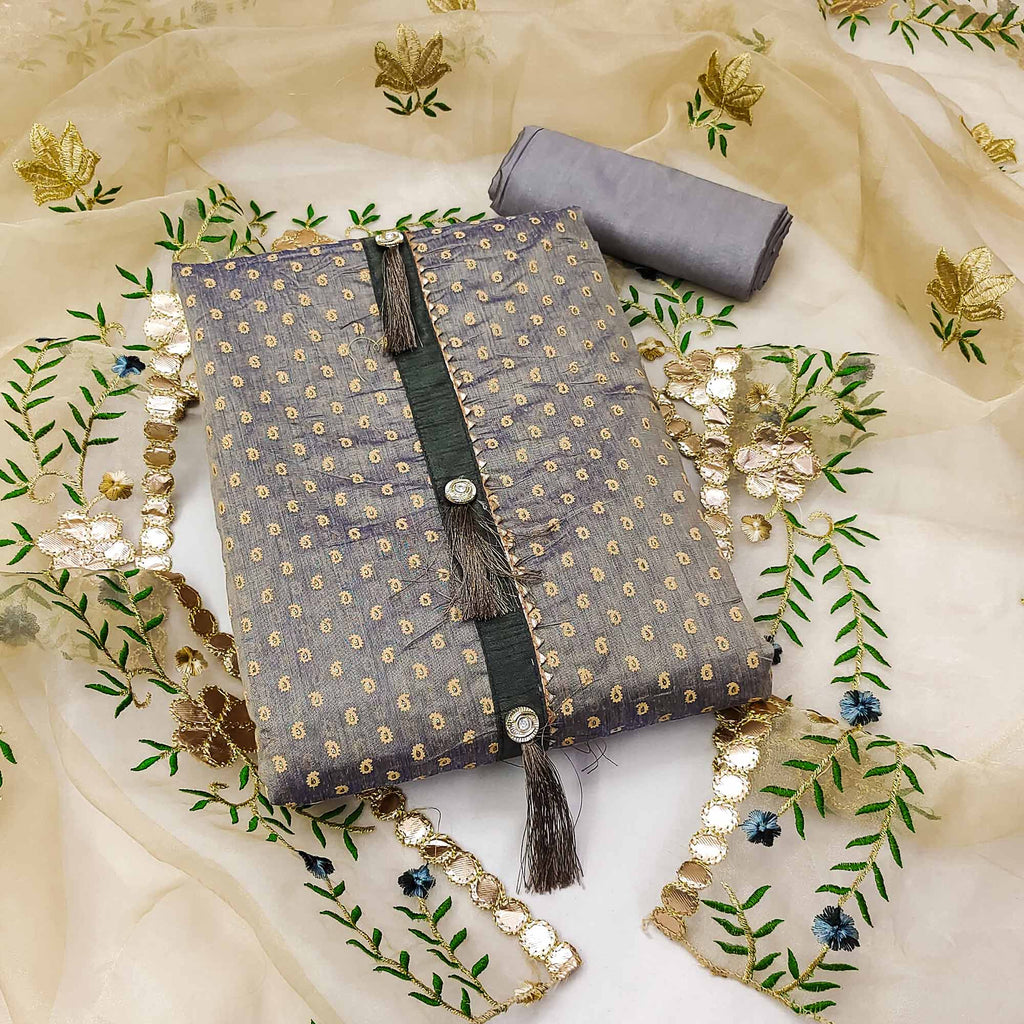 Grey Printed Chanderi Dress Material