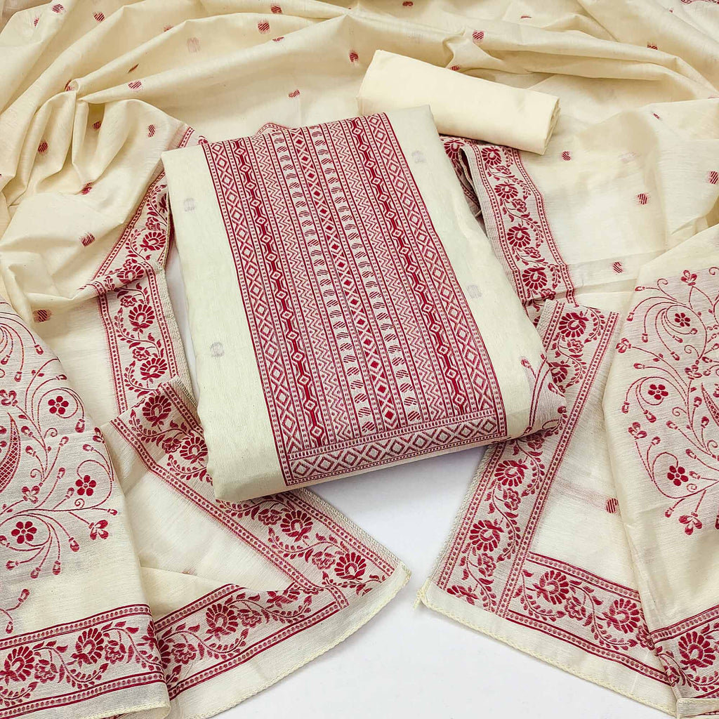 Cream & Maroon Floral Woven Pure Cotton Dress Material