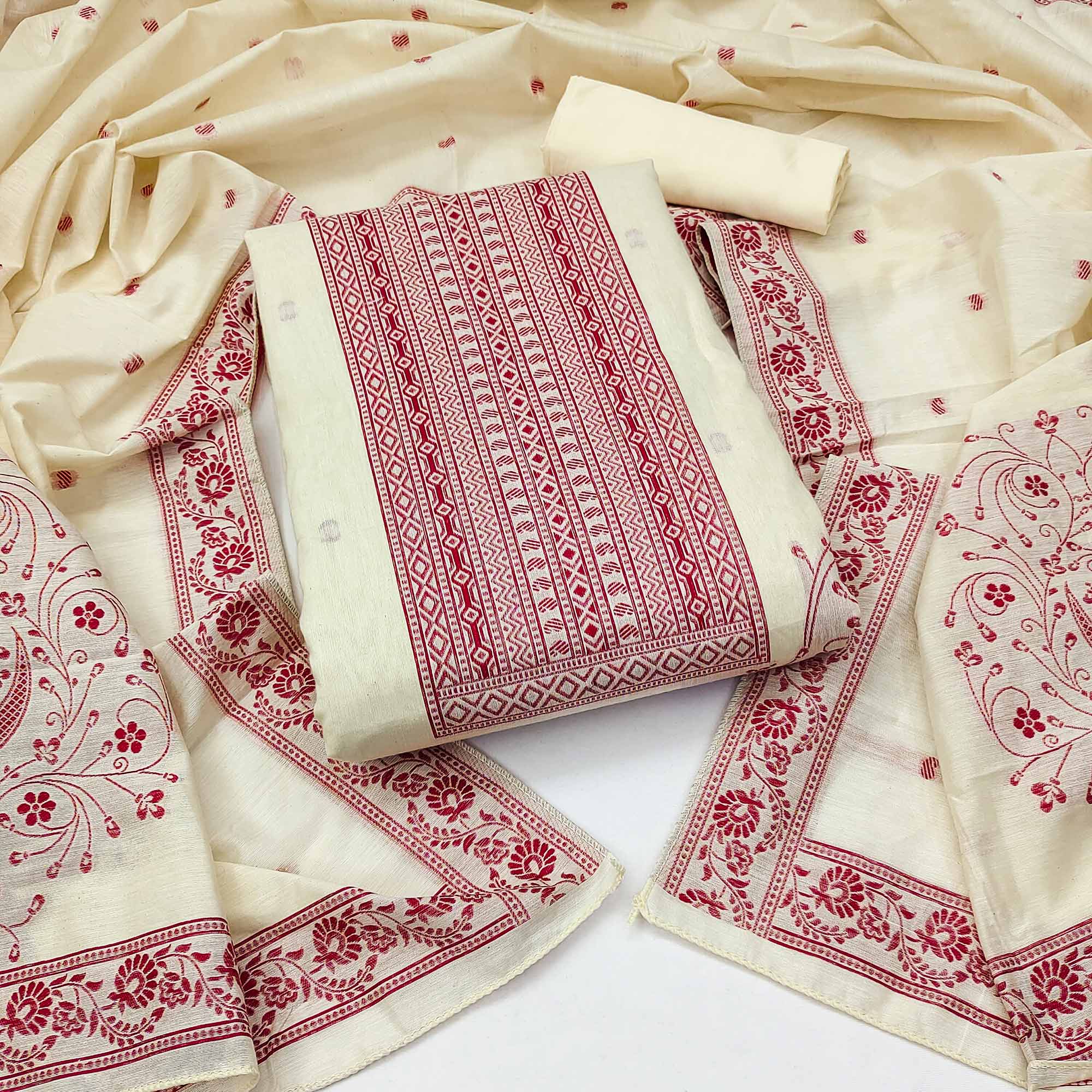 Cream & Maroon Floral Woven Pure Cotton Dress Material