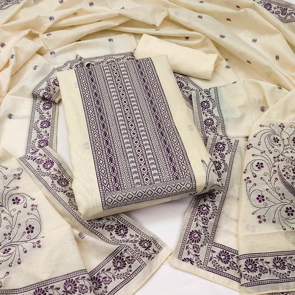Cream & Wine Floral Woven Pure Cotton Dress Material