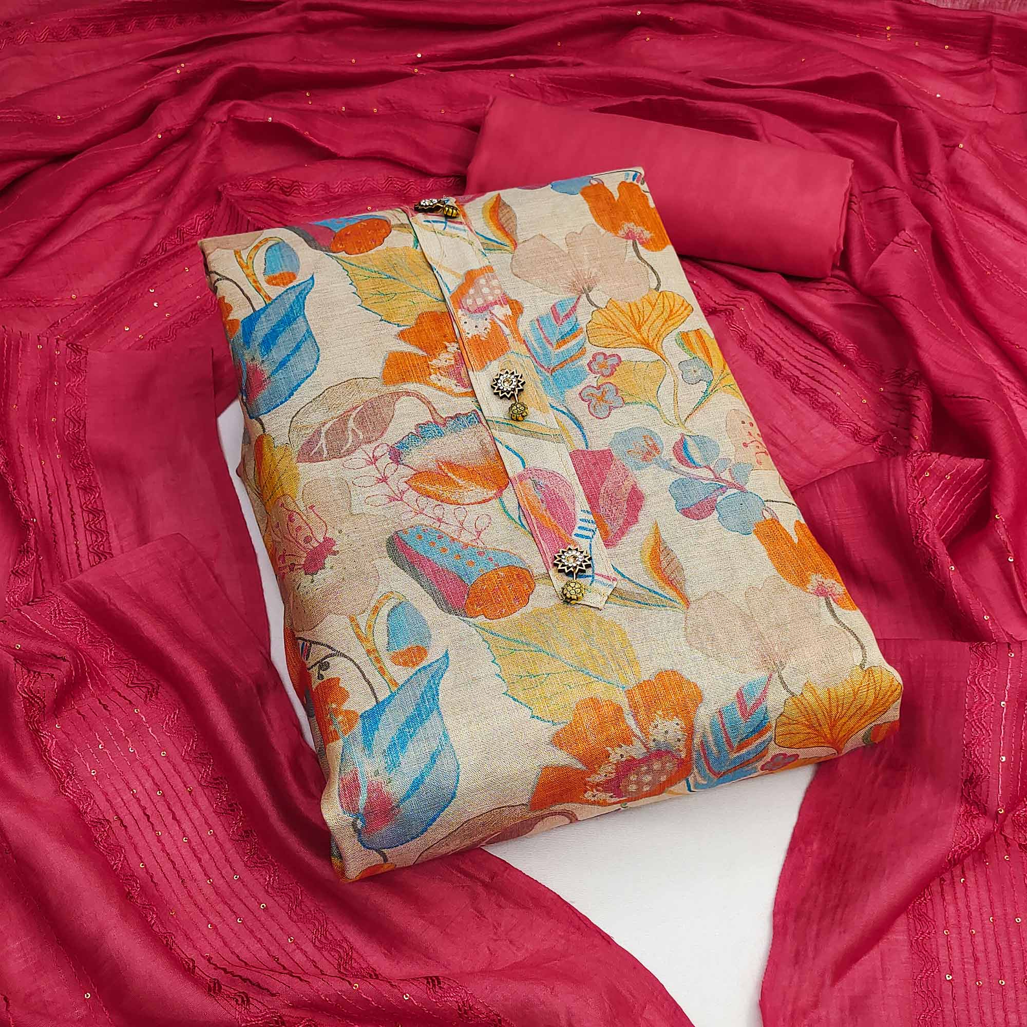 Beige Floral Printed Cotton Silk Dress Material