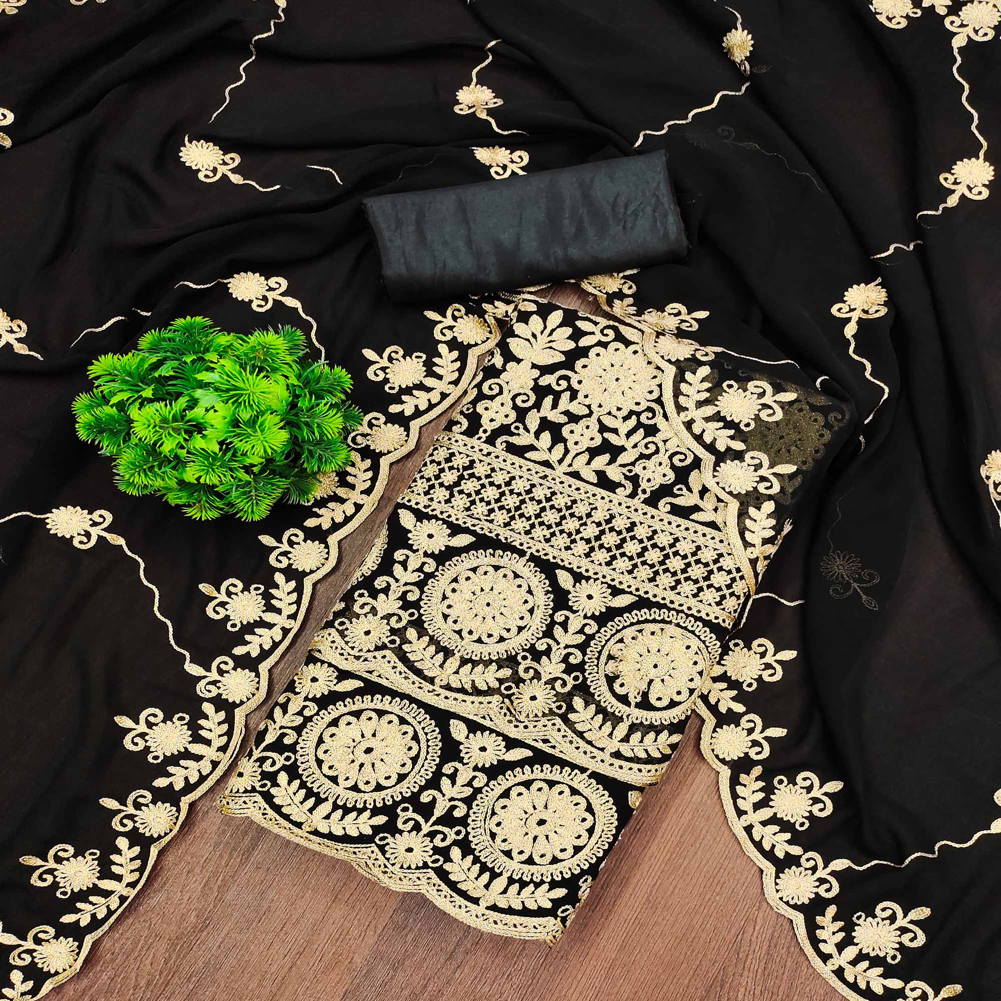 Black Floral Embroidered Georgette Dress Material