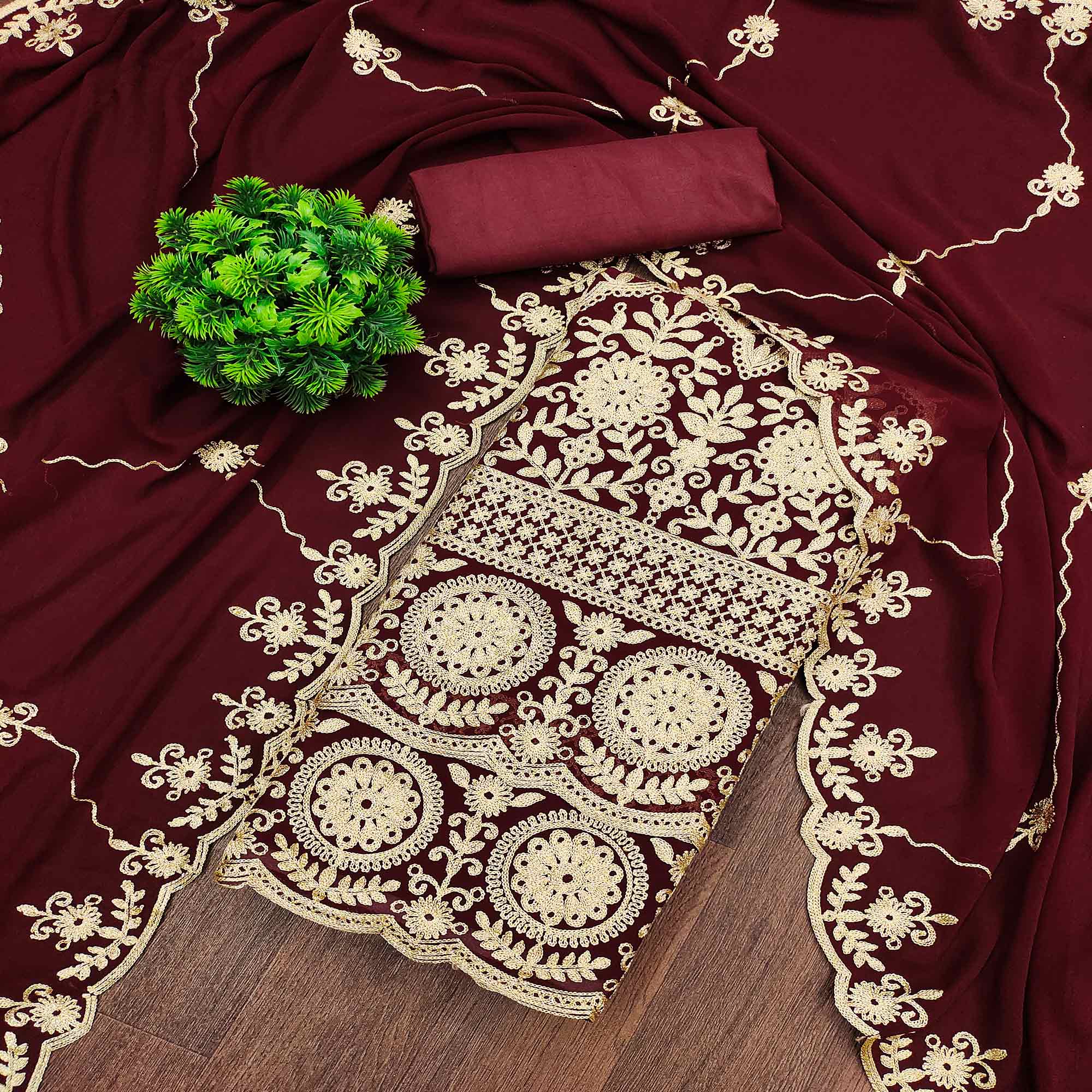 Maroon Floral Embroidered Georgette Dress Material