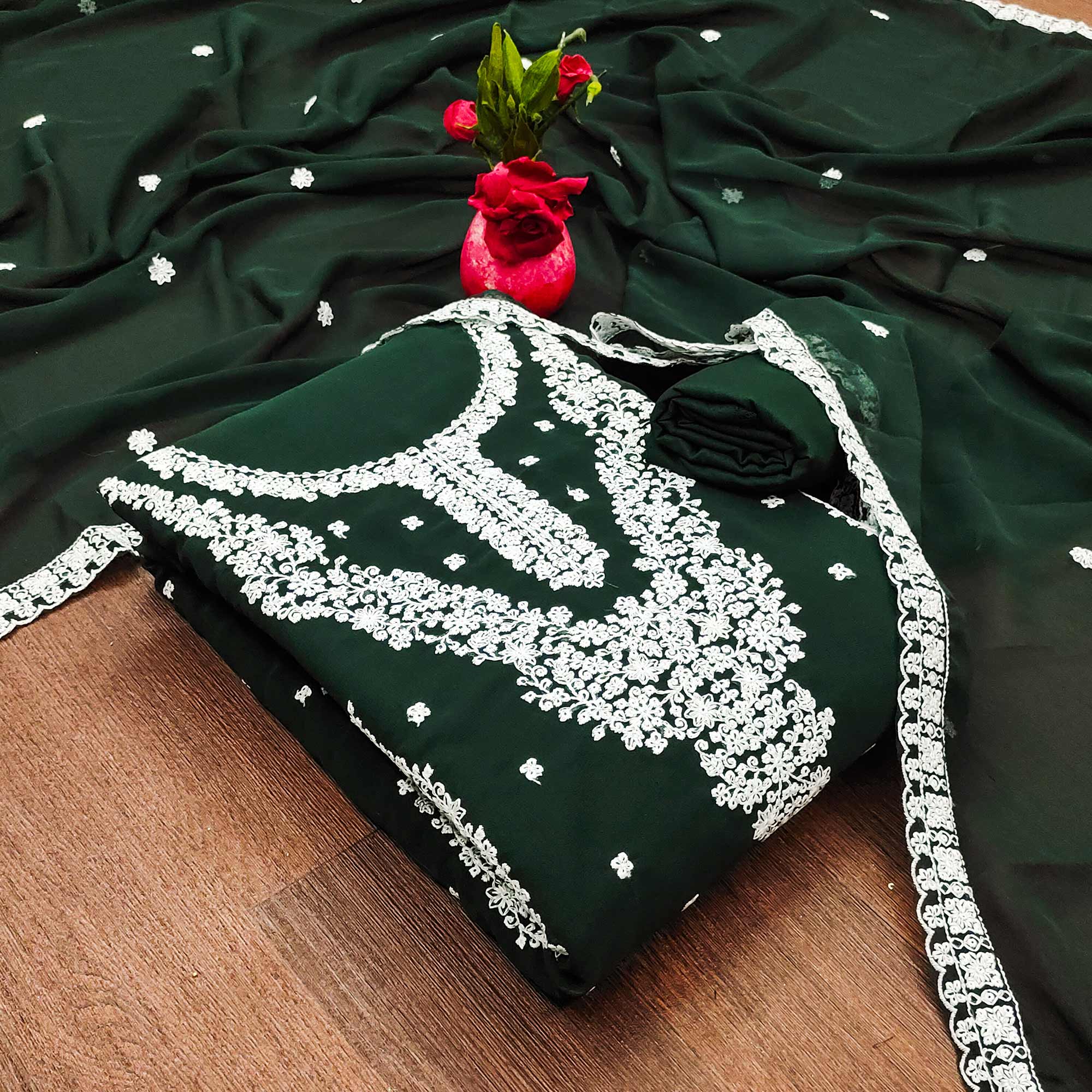 Green Floral Embroidered Georgette Dress Material