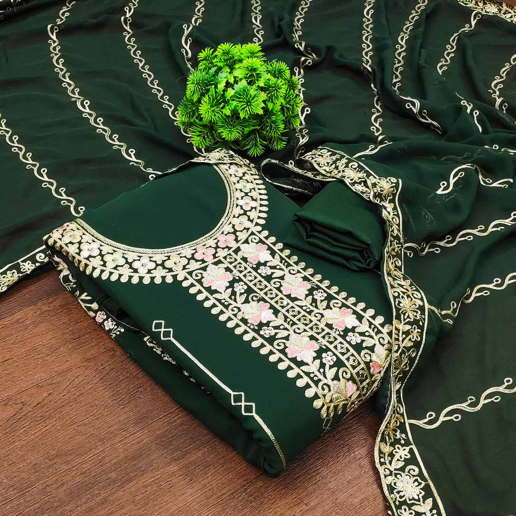 Green Embroidered Georgette Dress Material