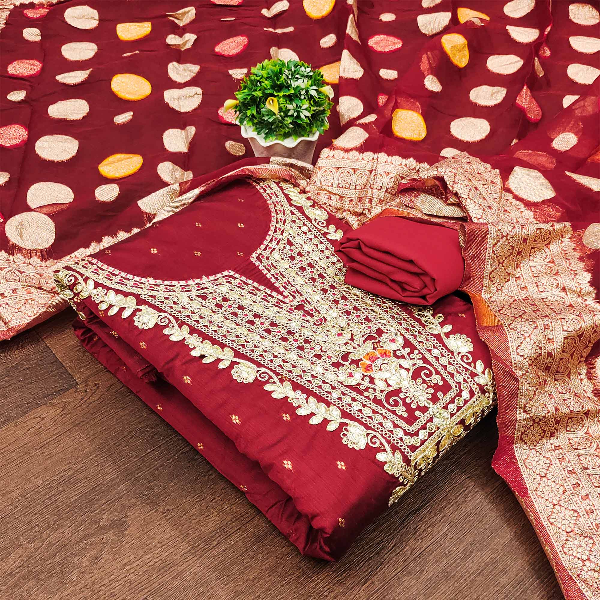 Maroon Butti With Embroidered Chanderi Dress Material