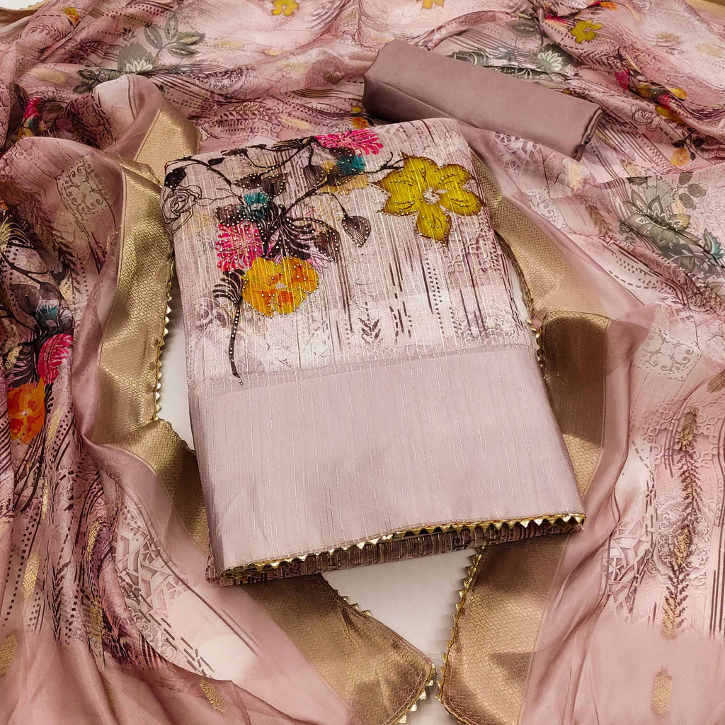 Mauve Floral Printed With Swarovski Work Organza Dress Material