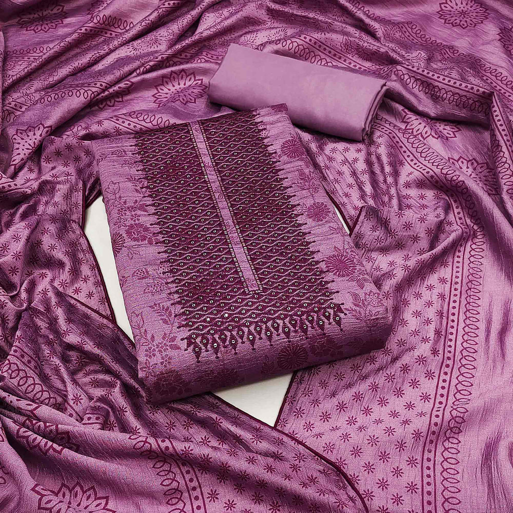 Mauve Sequins Embroidered Vichitra Silk Dress Material