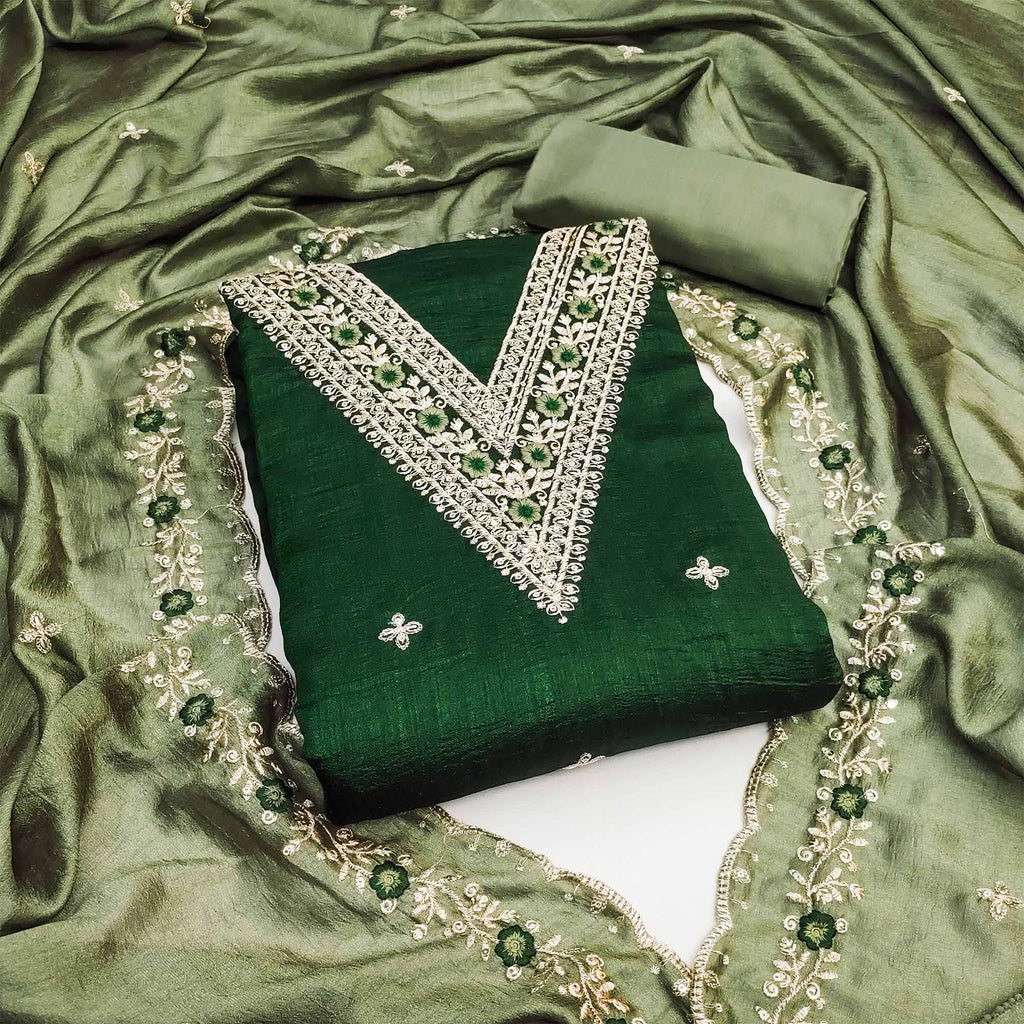 Green Floral Embroidered Vichitra Silk Dress Material