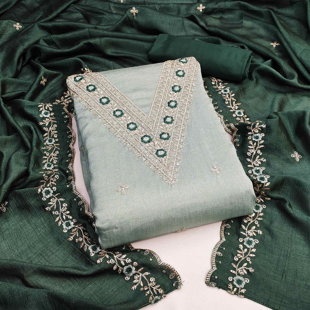 Light Green Floral Embroidered Vichitra Silk Dress Material