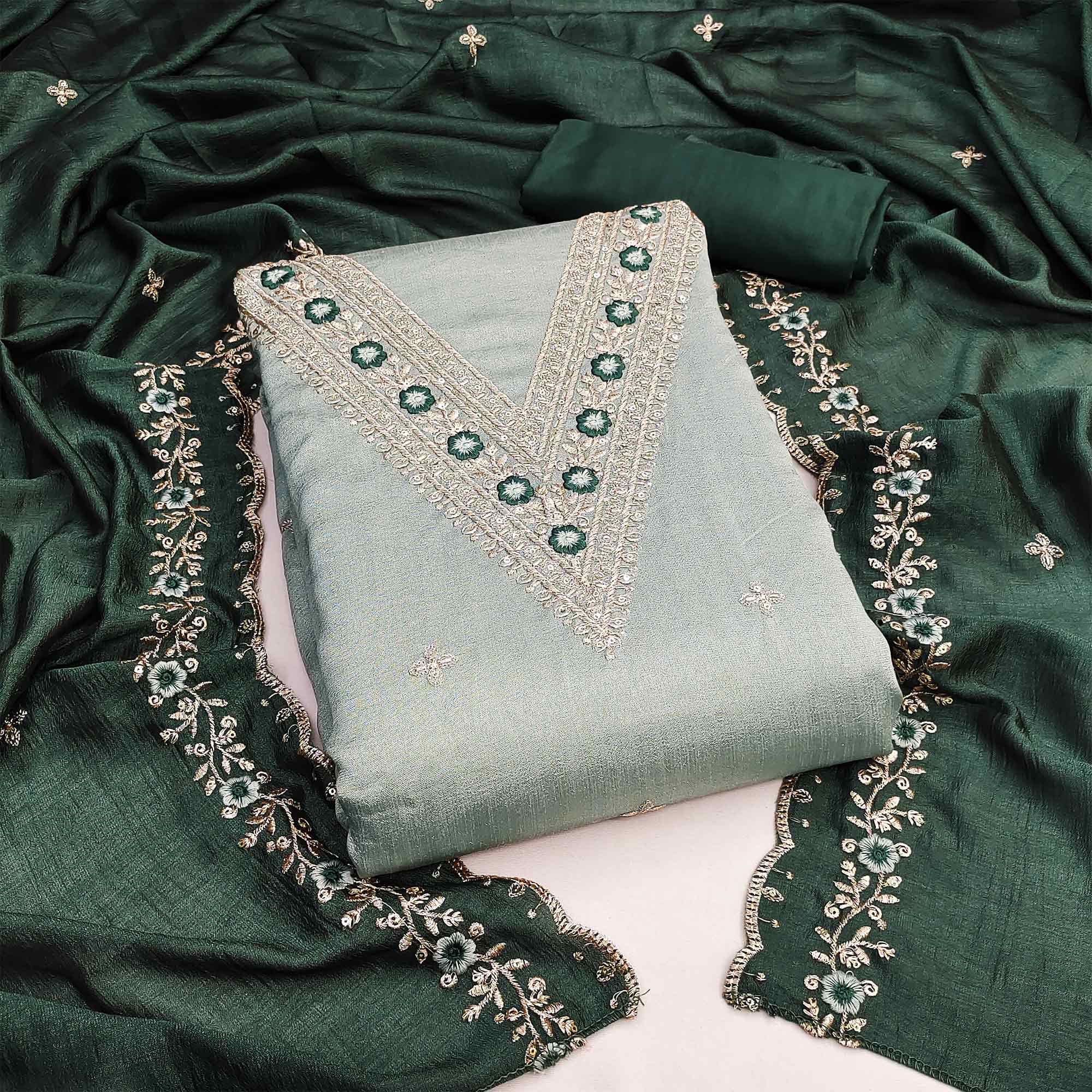 Light Green Floral Embroidered Vichitra Silk Dress Material