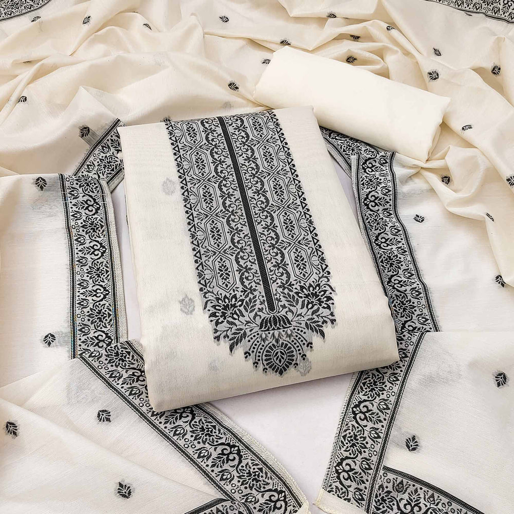 Off White & Black Woven Pure Cotton Dress Material