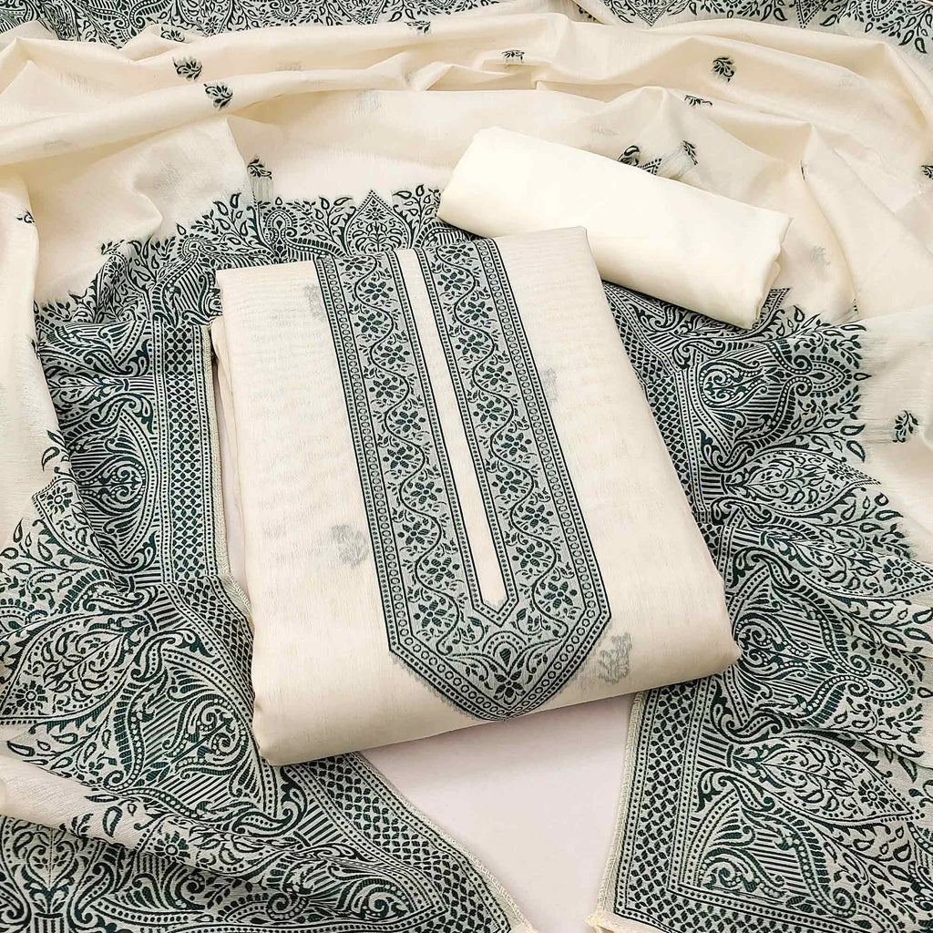 Off White & Green Woven Pure Cotton Dress Material