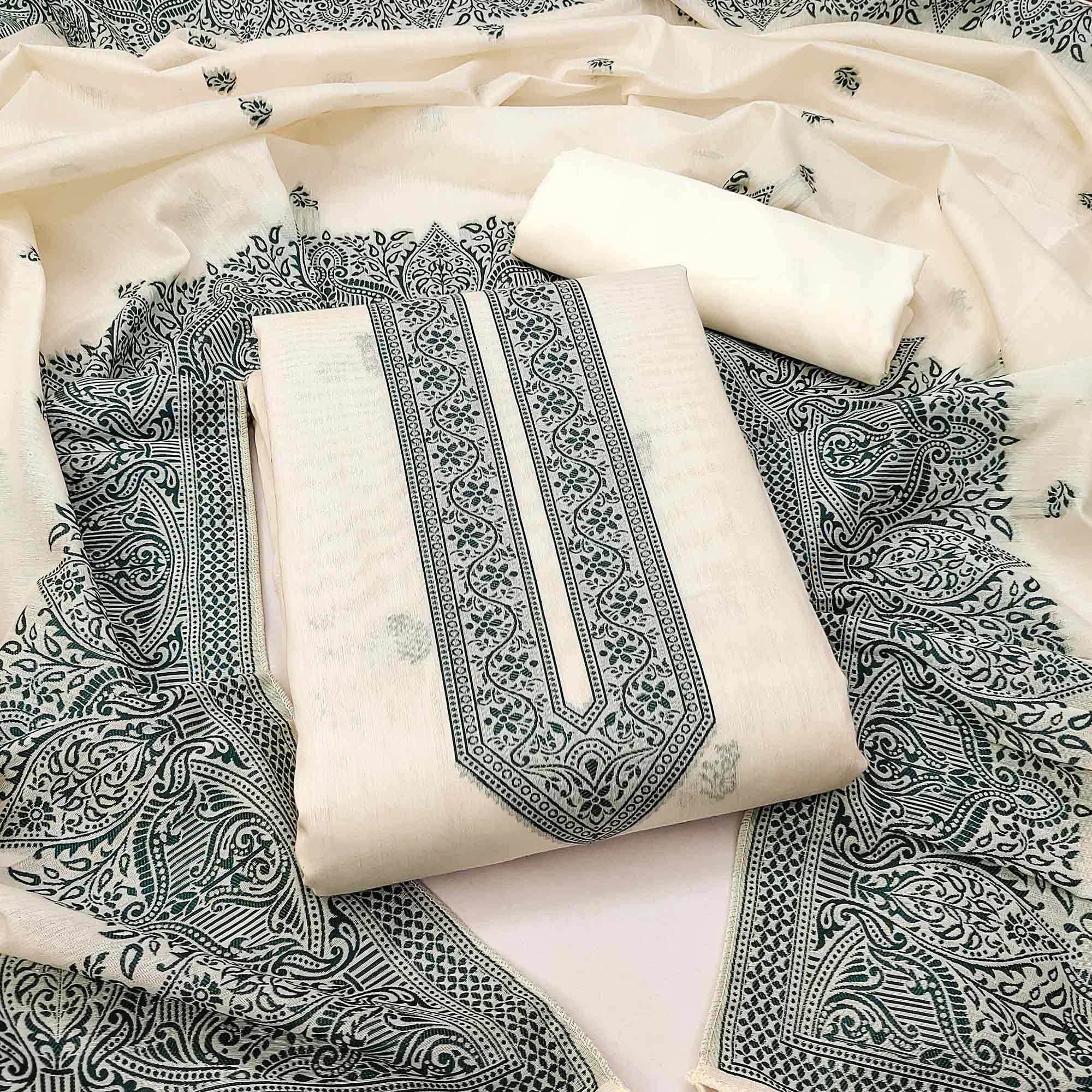Off White & Green Woven Pure Cotton Dress Material