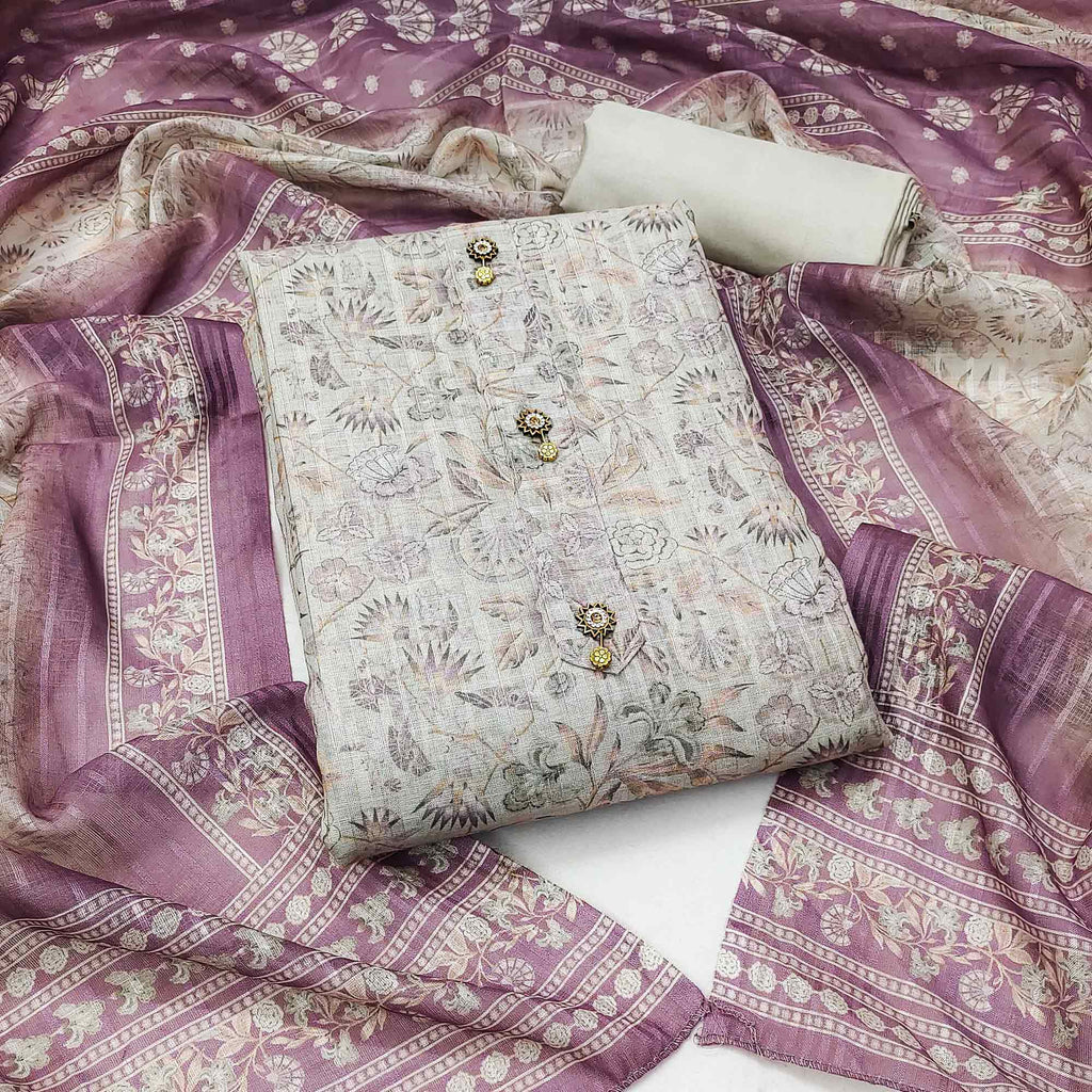 Cream Floral Printed Linen Dress Material