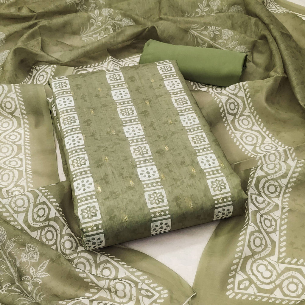 Green Floral Printed Chanderi Dress Material