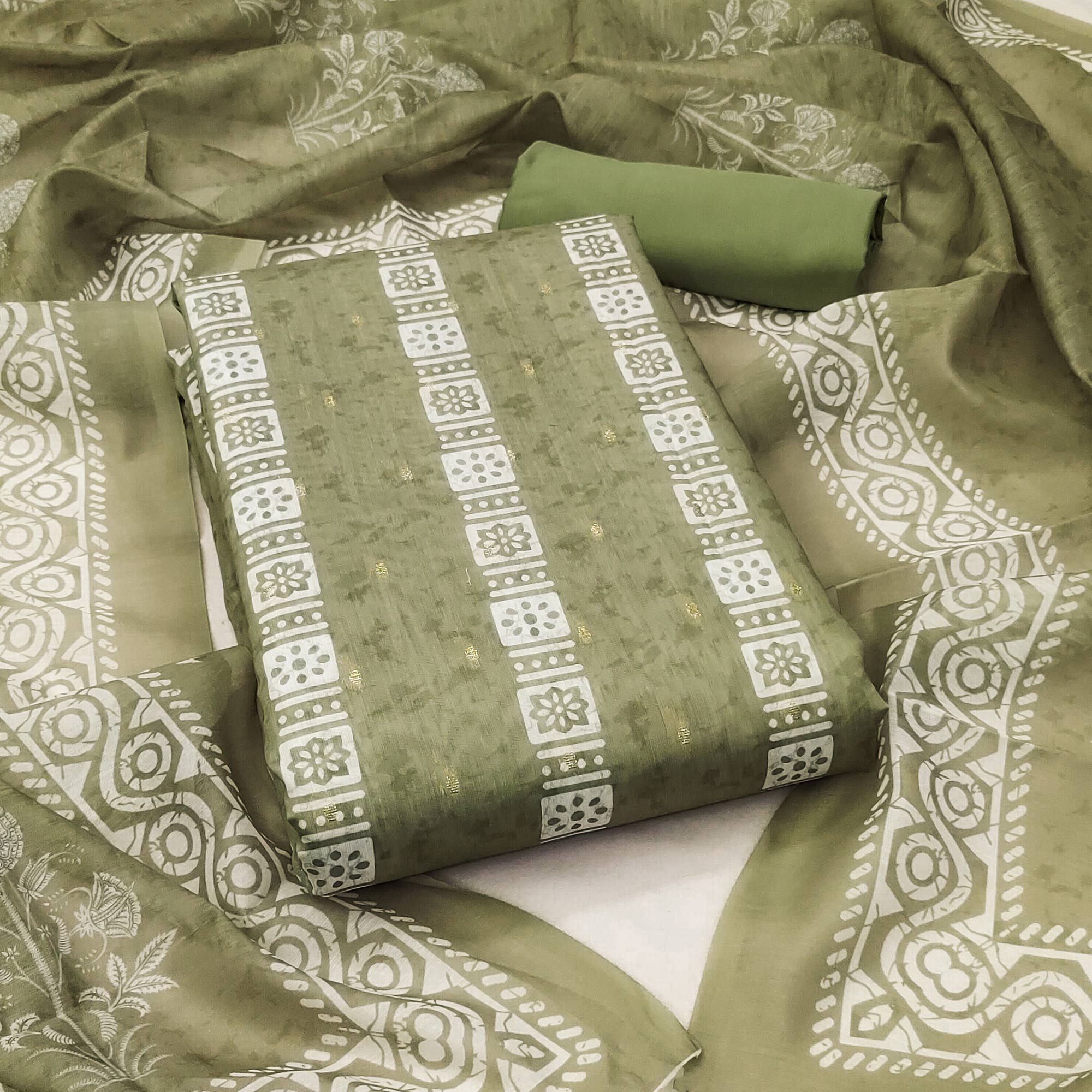 Green Floral Printed Chanderi Dress Material