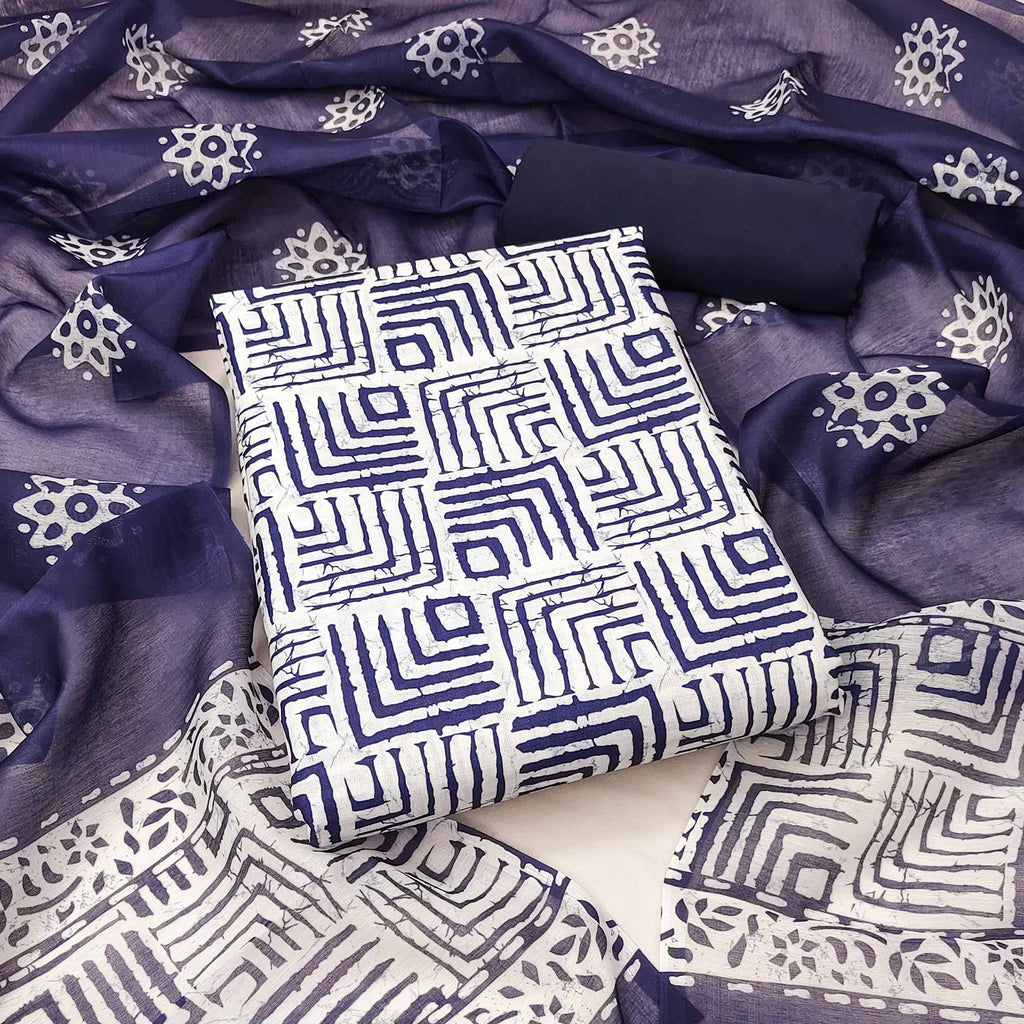 Blue Geometric Printed Pure Cotton Dress Material