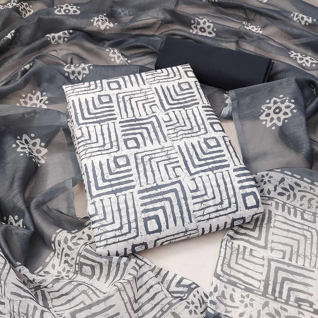 Grey Geometric Printed Pure Cotton Dress Material