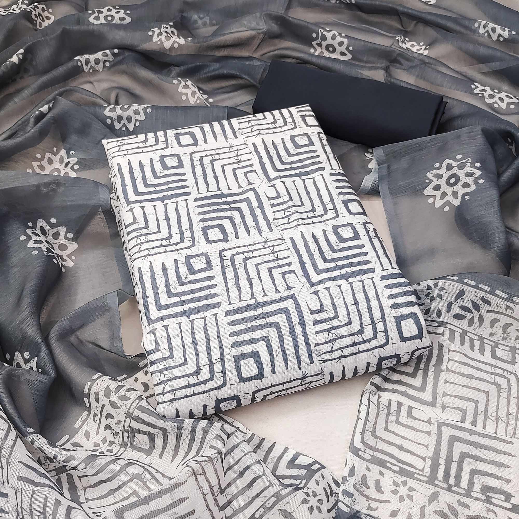 Grey Geometric Printed Pure Cotton Dress Material