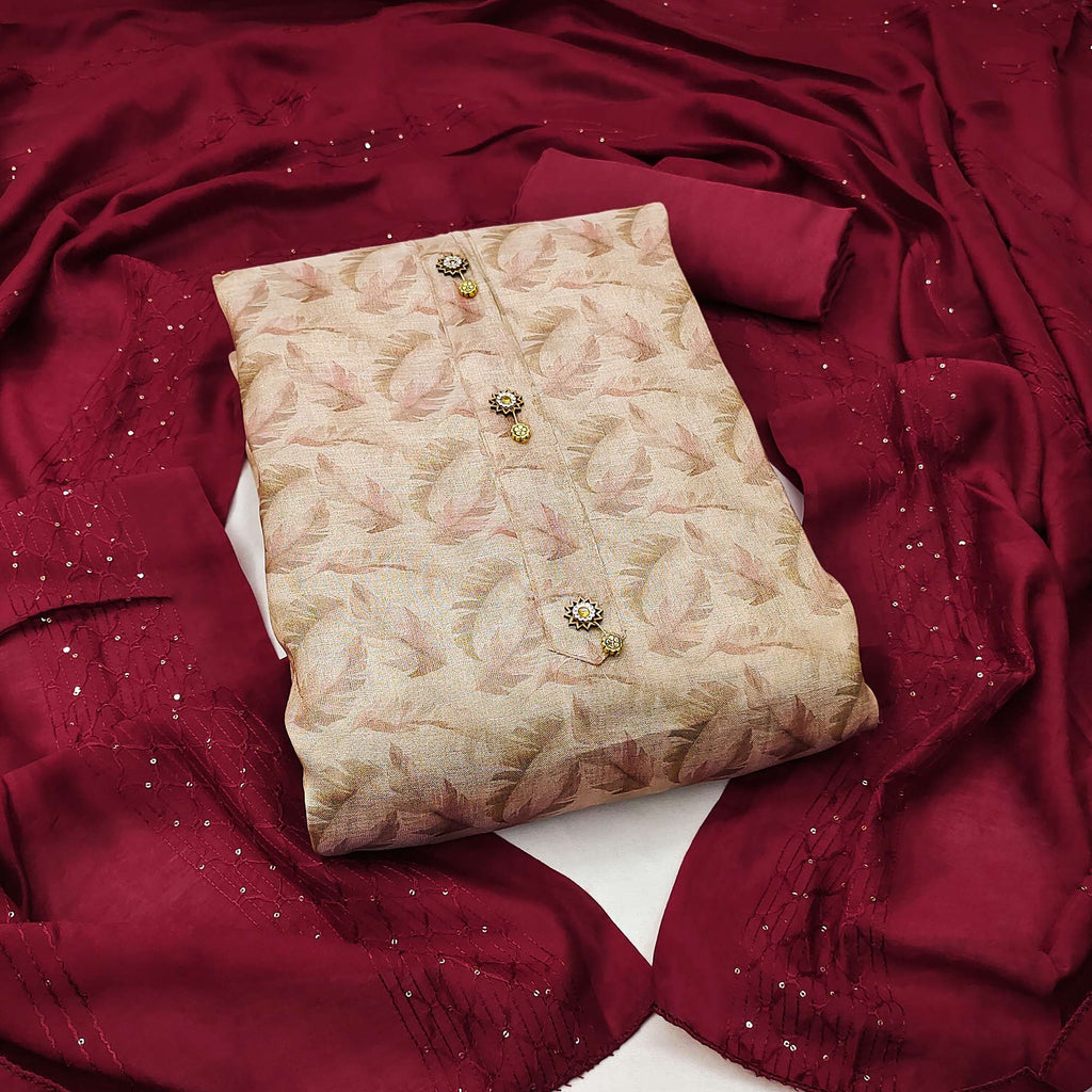 Beige Floral Printed Cotton Silk Dress Material