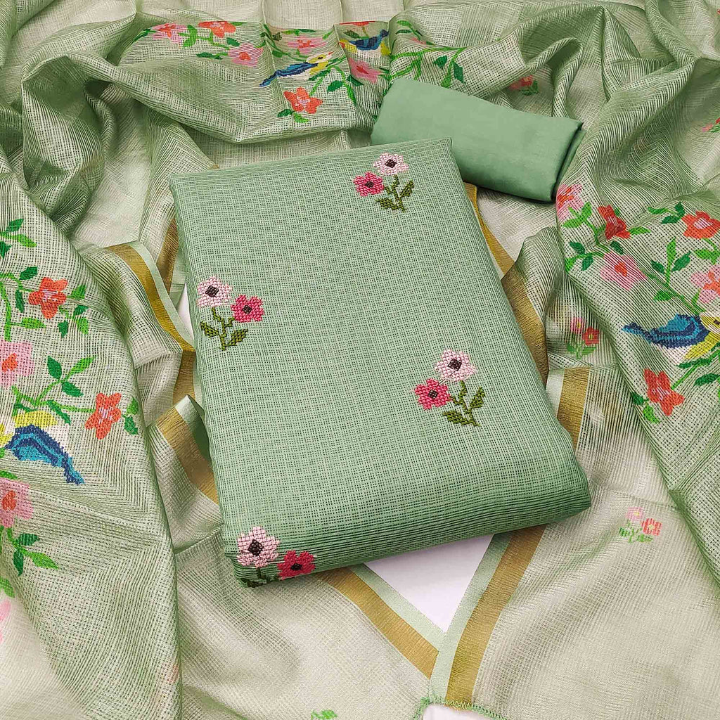 Green Floral Embroidered Kota Doria Dress Material