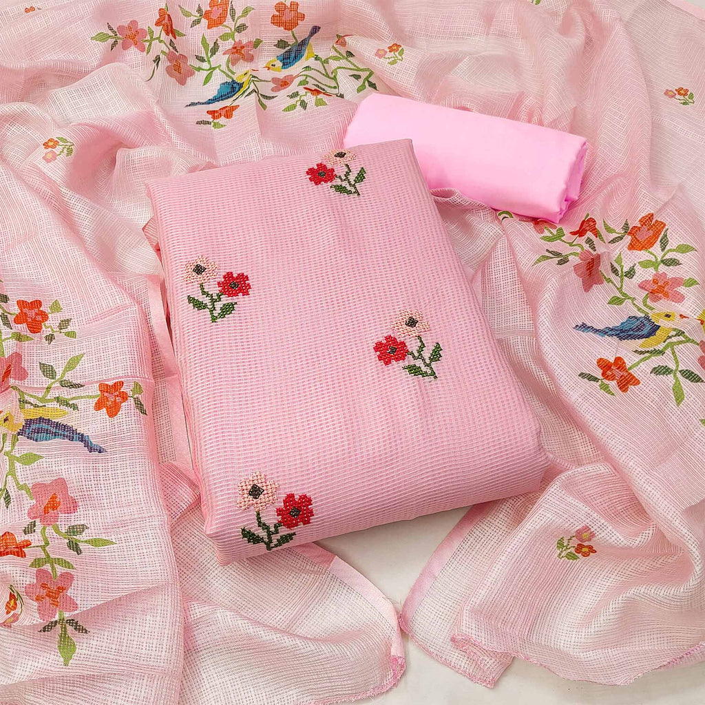 Pink Floral Embroidered Kota Doria Dress Material