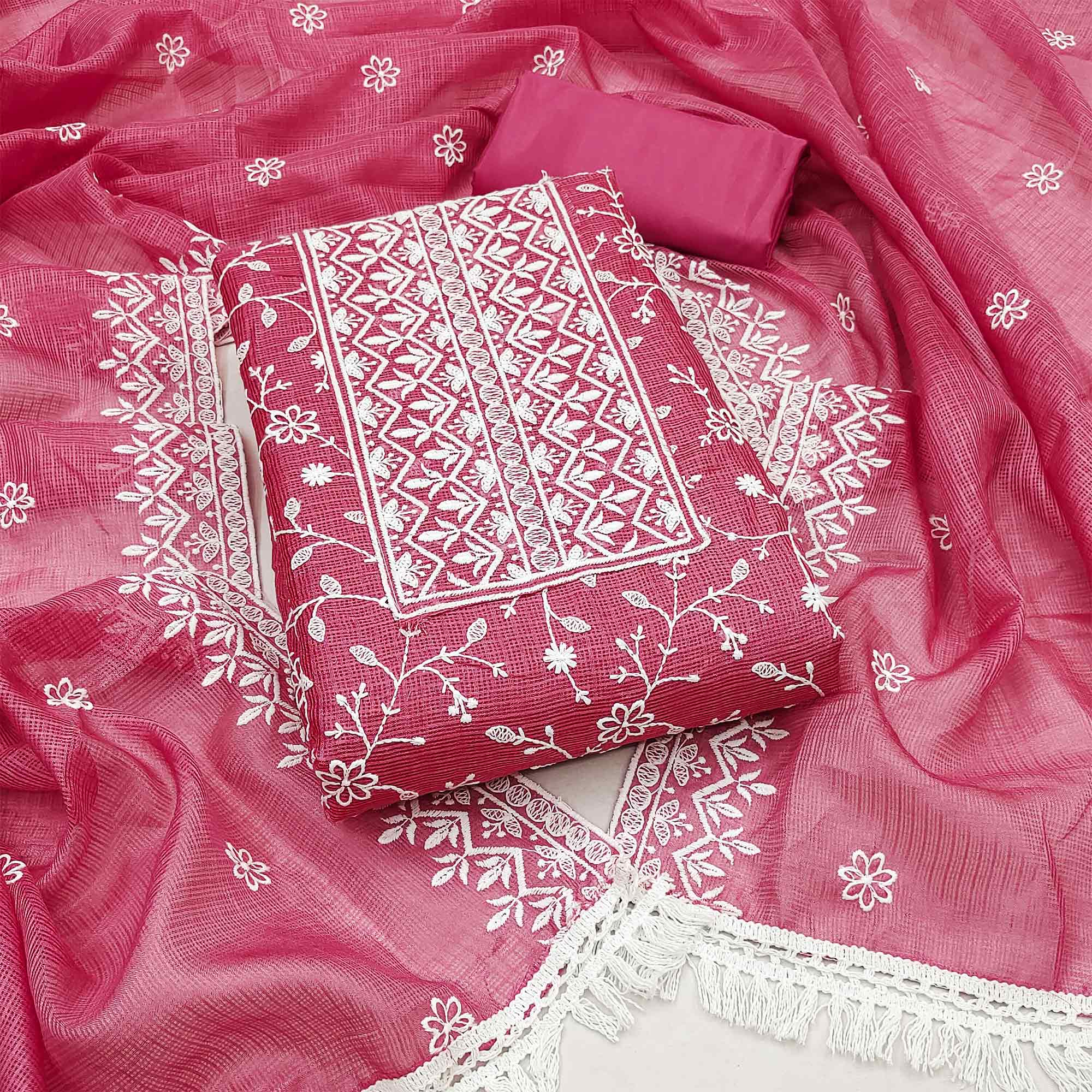 Pink Floral Embroidered Kota Doria Dress Material