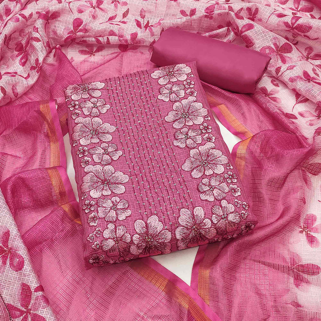 Pink Floral Embroidered Kota Doria Dress Material