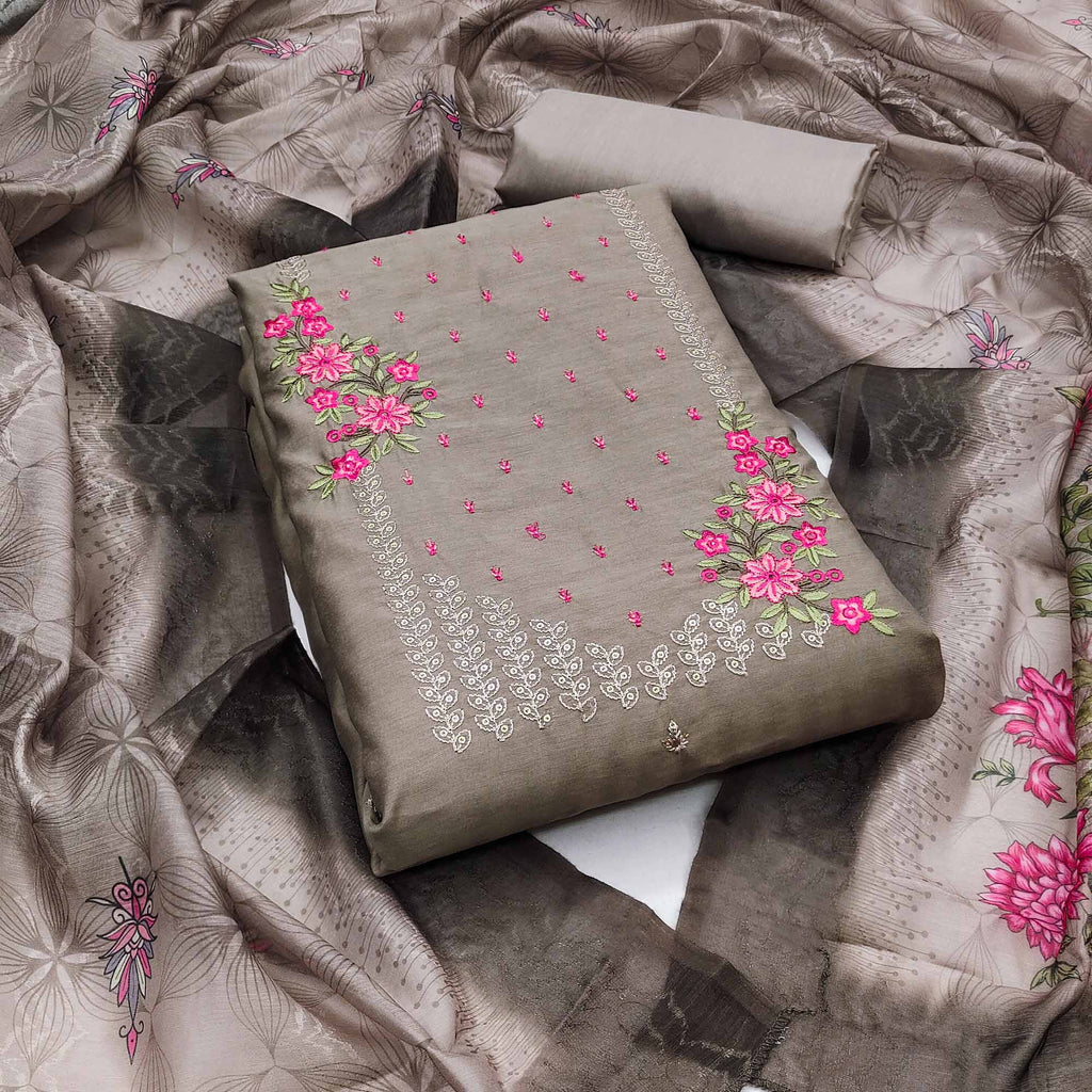 Brown Floral Embroidered Cotton Blend Dress Material