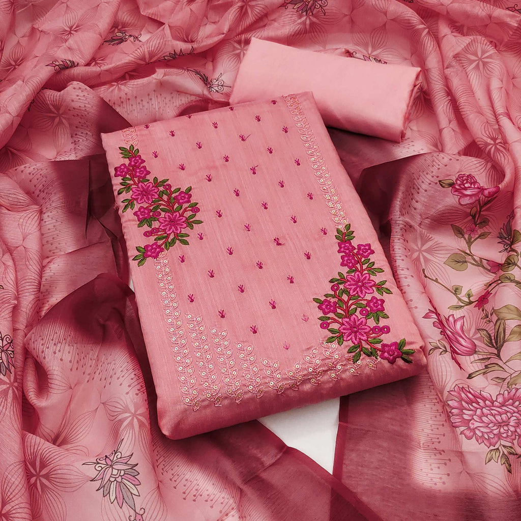 Light Peach Floral Embroidered Cotton Blend Dress Material