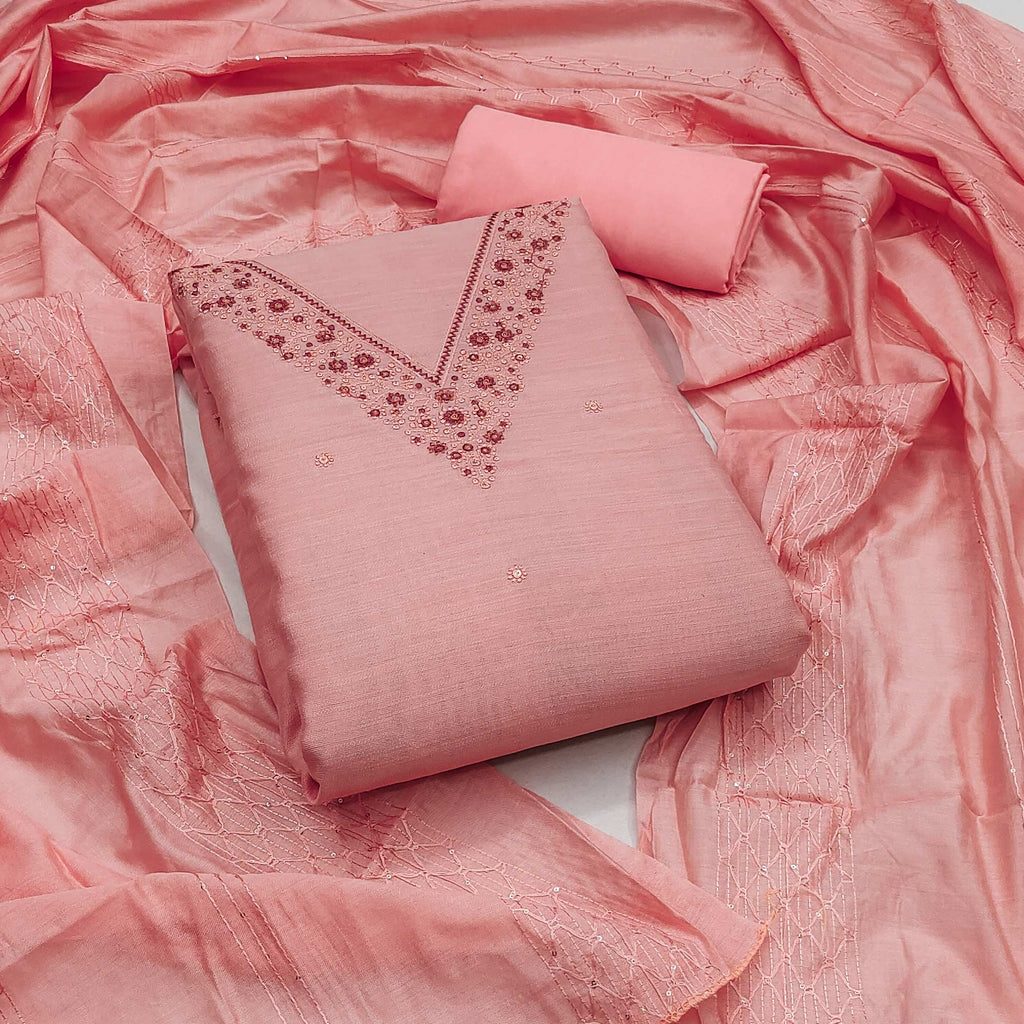 Peach Embroidered Cotton Blend Dress Material