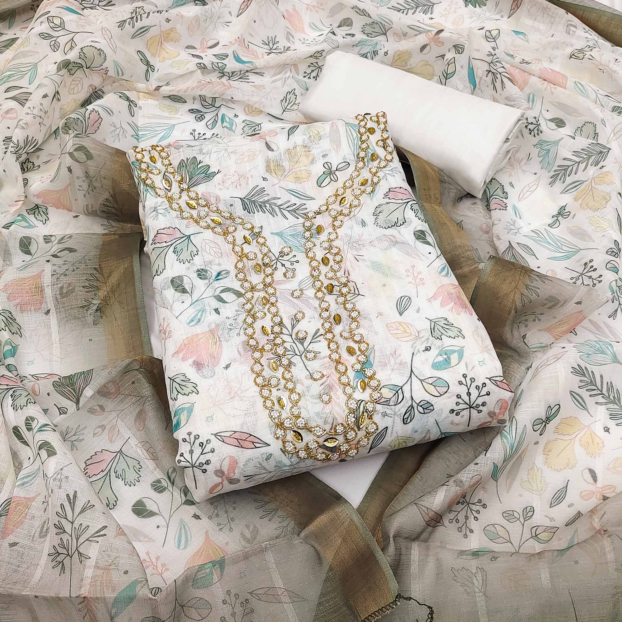 Off White Floral Printed Linen Dress Material