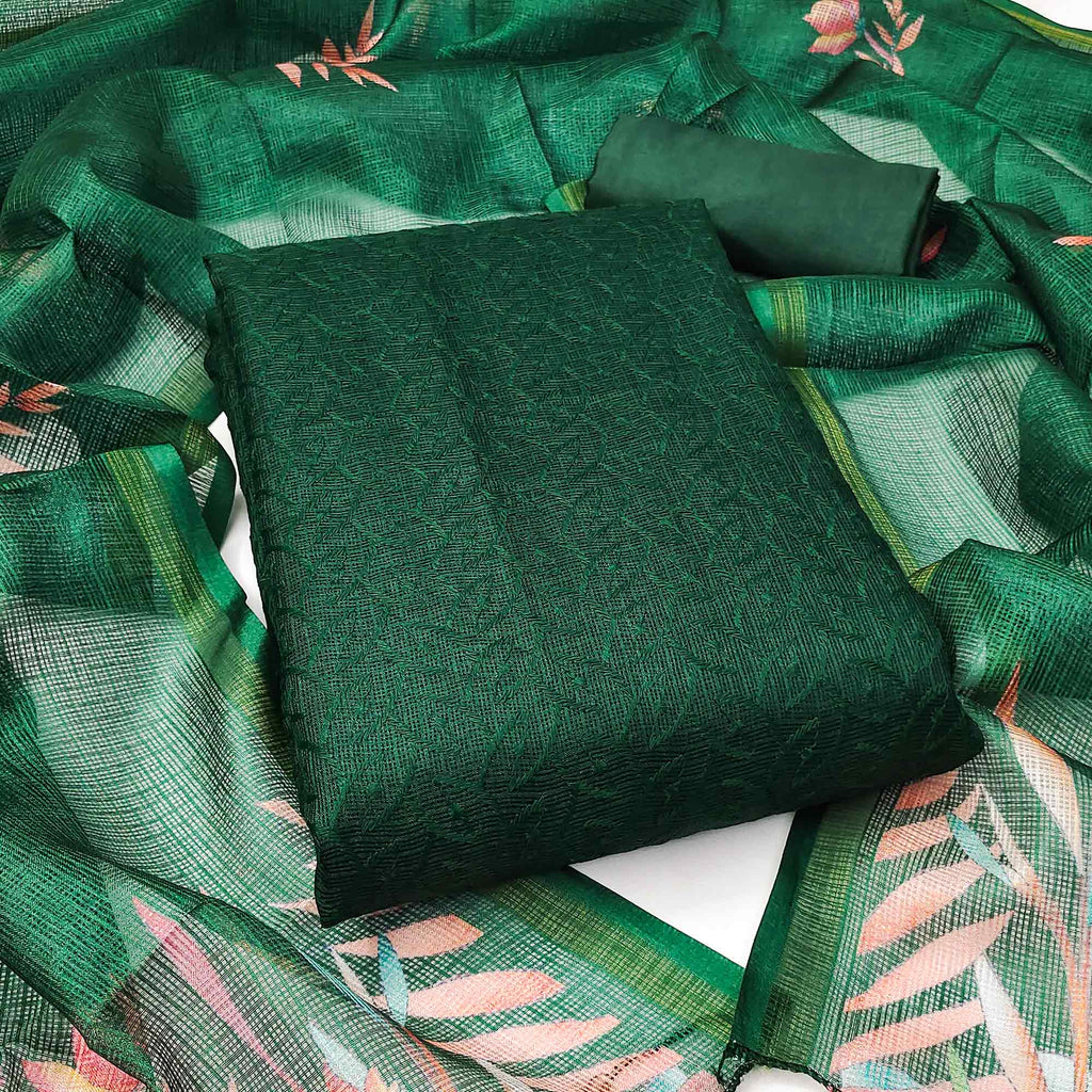 Green Embroidered Kota Doria Dress Material