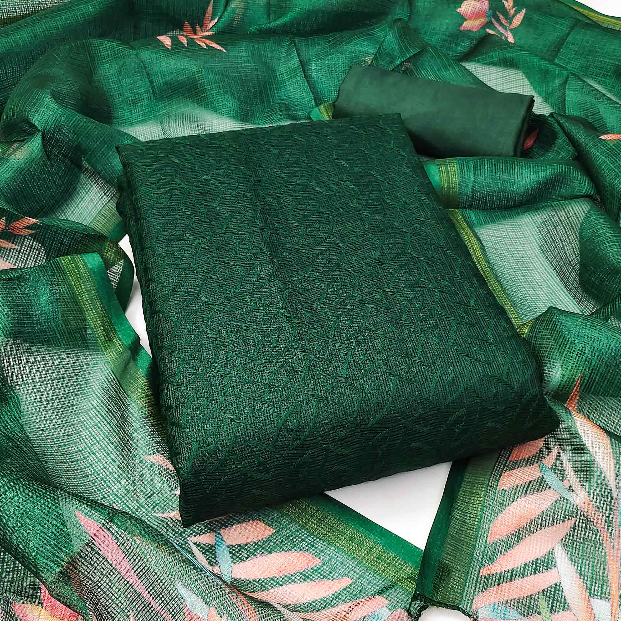 Green Embroidered Kota Doria Dress Material