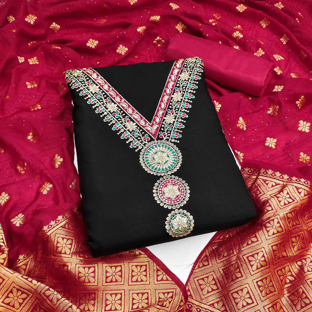 Black Embroidered Viscose Dress Material