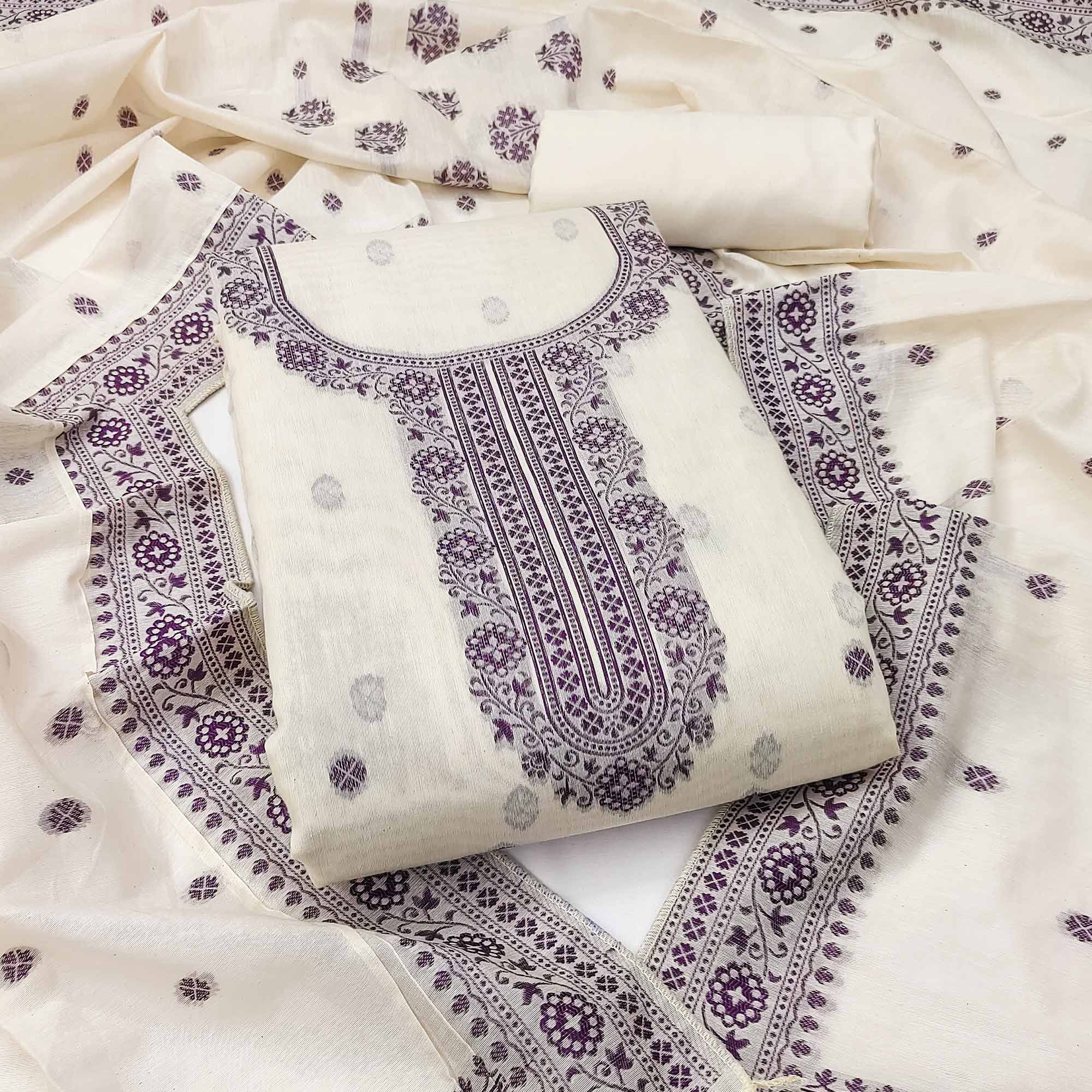 Off White & Wine Woven Pure Cotton Dress Material