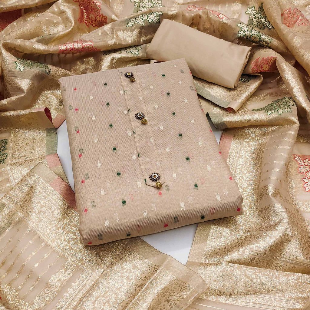 Beige Zari Weaving Banarasi Silk Dress Material