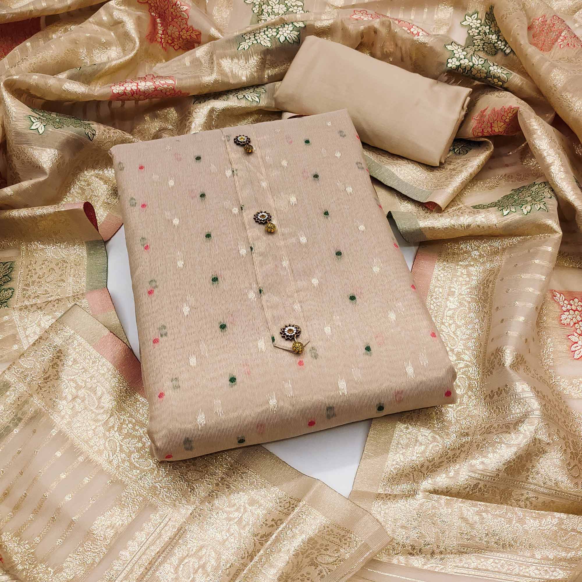 Beige Zari Weaving Banarasi Silk Dress Material