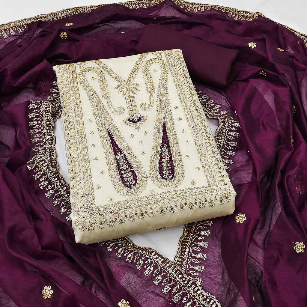 Off White Paisley Embroidered Chanderi Dress Material