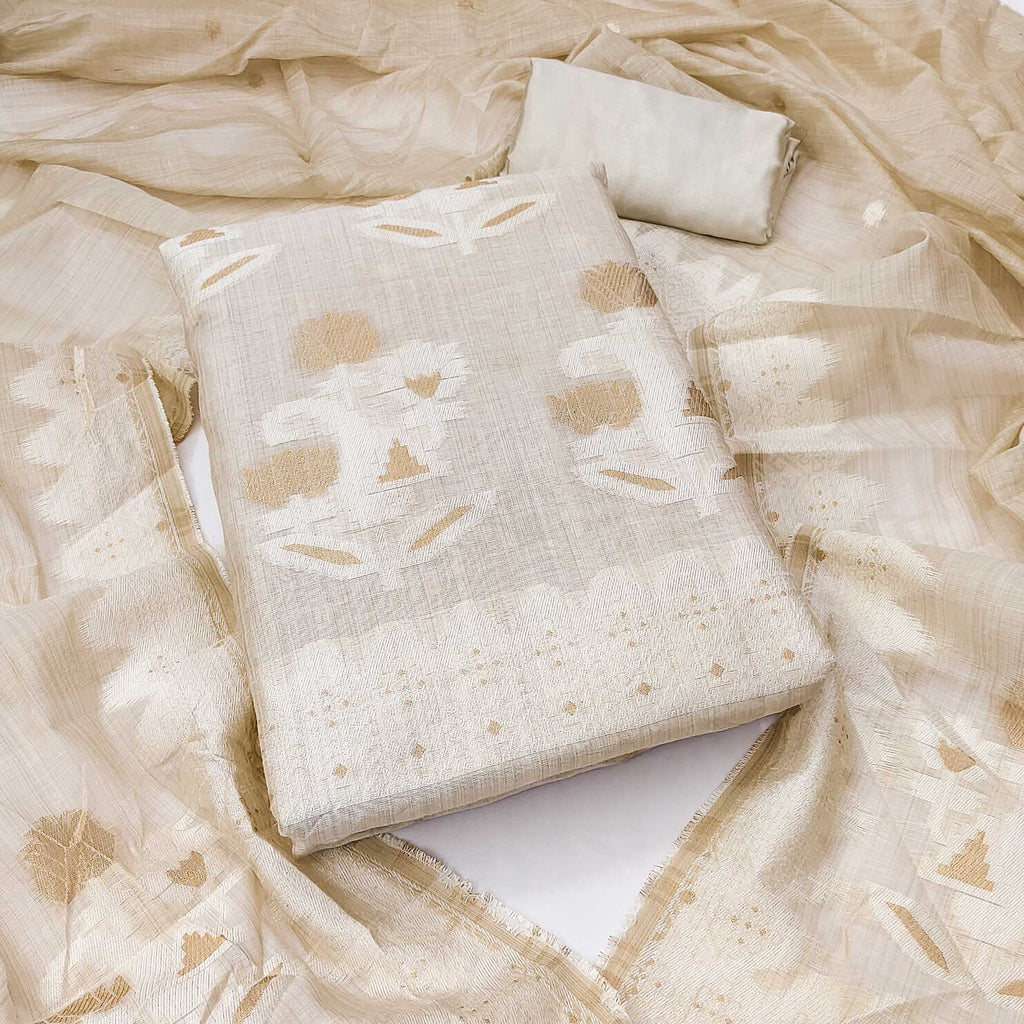 Cream Floral Woven Banarasi Silk Dress Material