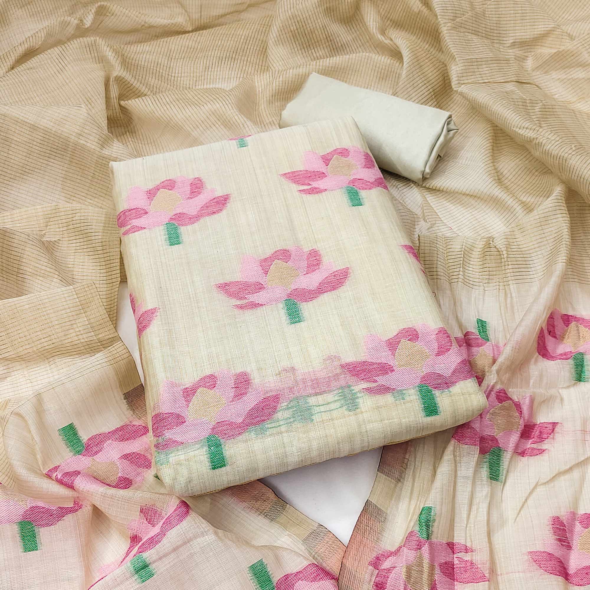 Cream & Pink Floral Woven Banarasi Silk Dress Material